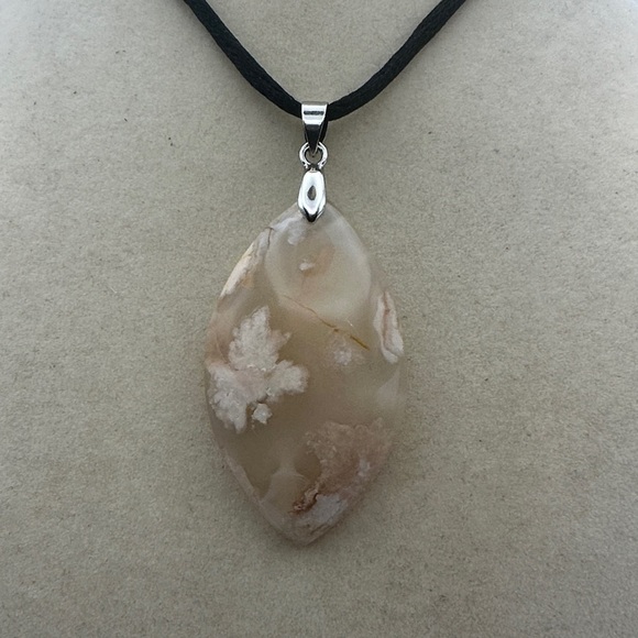None Jewelry - Flower Agate Pendant on Satin Rope